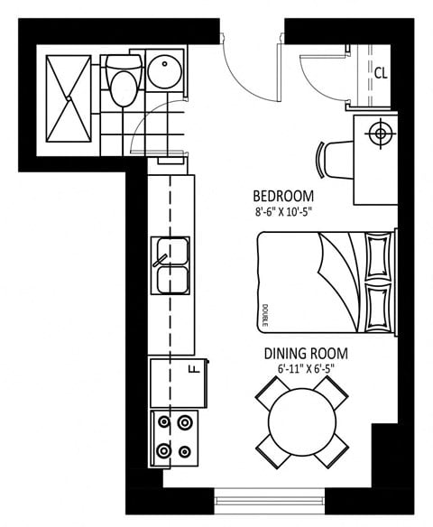 Floor plan for studio, 1 bath